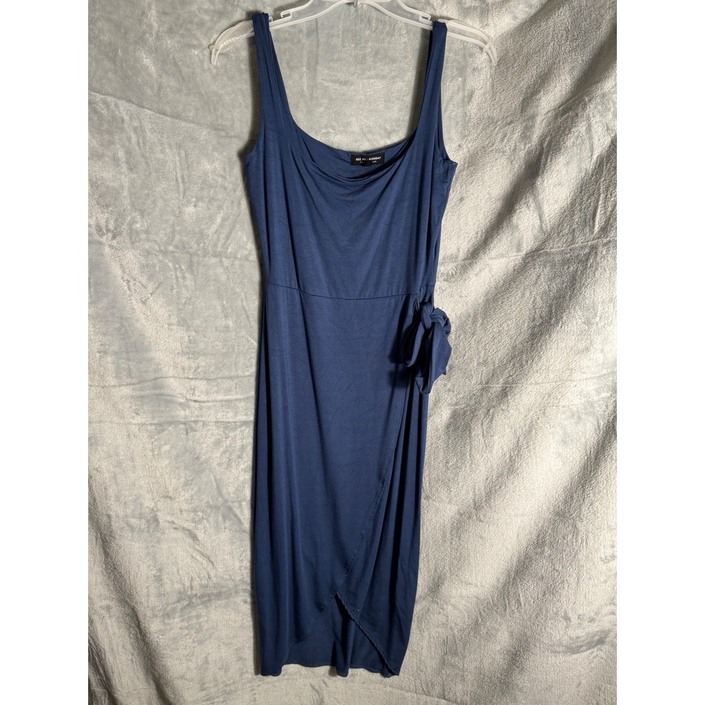 See You Monday Navy Blue Sleeveless‎ Faux Wrap Midi Dress Side Tie Tulip Hem
